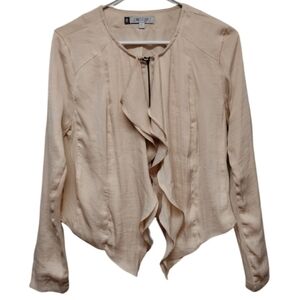 Jennifer Lopez pastel peach waterfall front zip long sleeve jacket shirt
